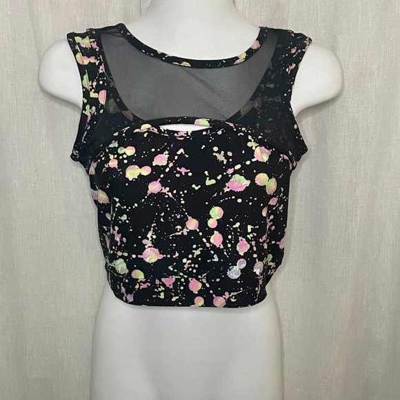 feathers Tops - Feathers Women's Black & Neon Splatter Print Cropped Tank, Mesh & Fabric Sz S